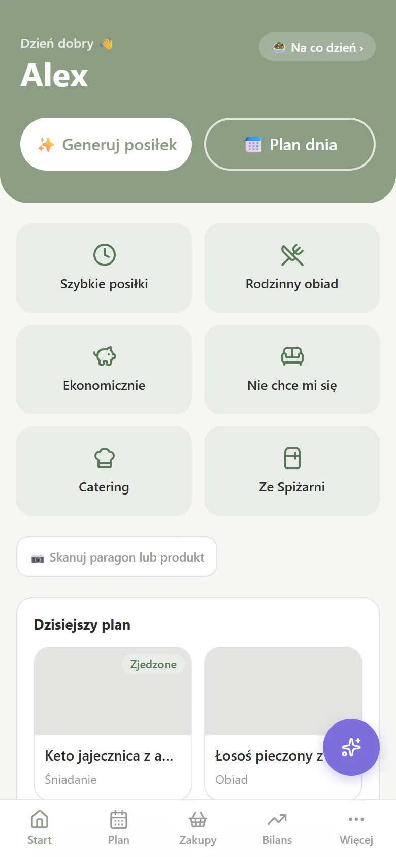 Ekran główny w trybie Na co dzień: plan posiłków i codzienny bilans.