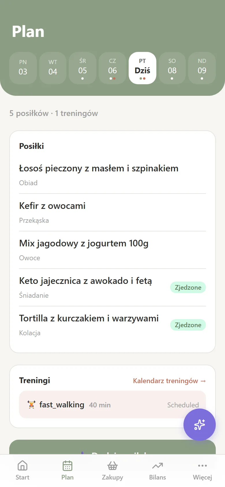 Ekran Plan: posiłki rozpisane na dzień.