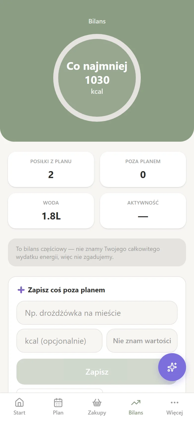 Ekran Postępy: podsumowanie bilansu i nawyków.
