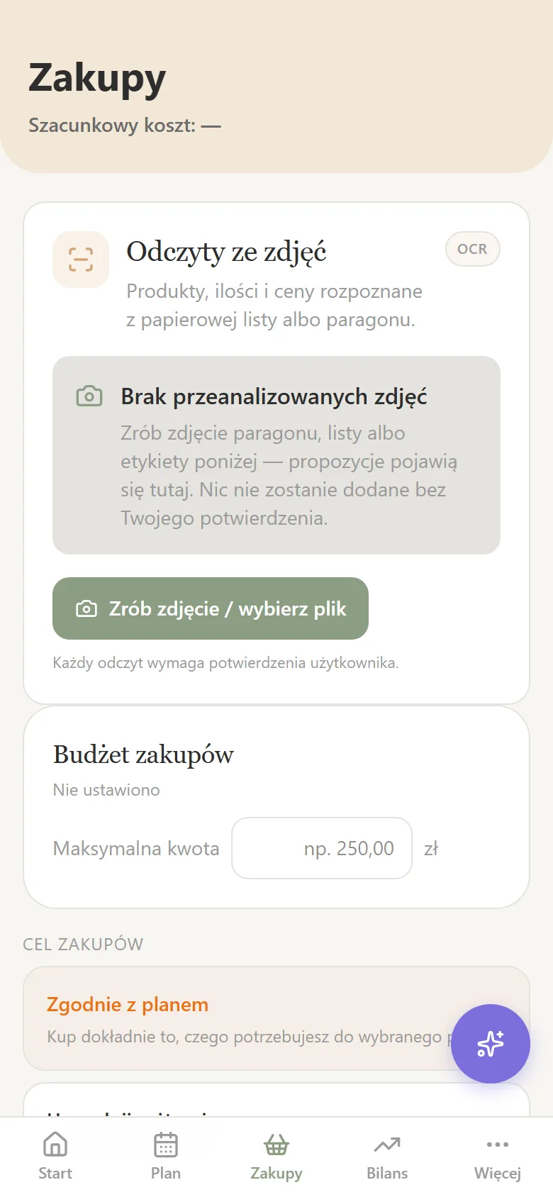Ekran Zakupy: lista zakupów zbudowana z planu.